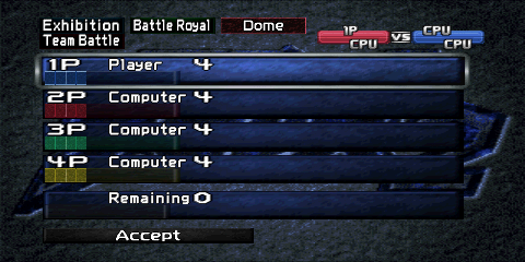 The Battle Royal Team Battle allocation
screen. The top left corner contains three boxes, reading 'Exhibition', 'Battle Royal',
and 'Dome' (the selected arena). Below the 'Exhibition' box is another box reading
'Team Battle'. To the right of the 'Team Battle' box is a box with a '1P' label
and three 'CPU' labels. Five blue boxes take up most of the middle of the screen.
The first four boxes are labeled '1P' to '4P' for each of the slots, as well as
either 'Player' or 'Computer', depending on who's controlling them. The number of
assigned slots per team is shown after the control text. The last blue box is labeled
'Remaining', and the counter found next to it shows how many slots have yet to be
assigned to a team. A gray 'Accept' button is found below the final blue box.