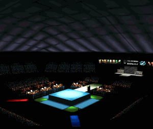 A preview screenshot of Dome Road from earlier
in Virtual Pro-Wrestling 2's development. Red and Blue 'ramp' textures can be seen
pointing to the bottom corners of the ring. These textures are not used in the final game.