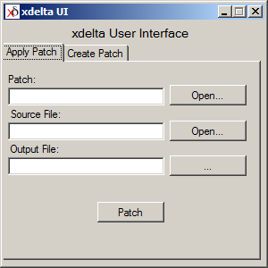 The xdeltaui user interface, on the 'Apply Patch' tab
by default. There are three text boxes labeled 'Patch', 'Source File', and 'Output File'.
Buttons sit next to these text boxes, each of which leads to an Open File Dialog
(or in the case of the Output File, a Save File Dialog). There is a 'Patch' button
at the bottom of the dialog.
