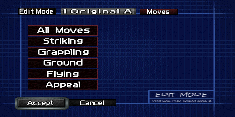 Screenshot of the main Moves menu.