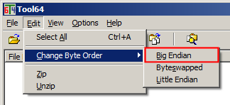 Upper left portion of the Tool64 user interface.
The selected menu option is Edit → Change Byte Order → Big Endian.